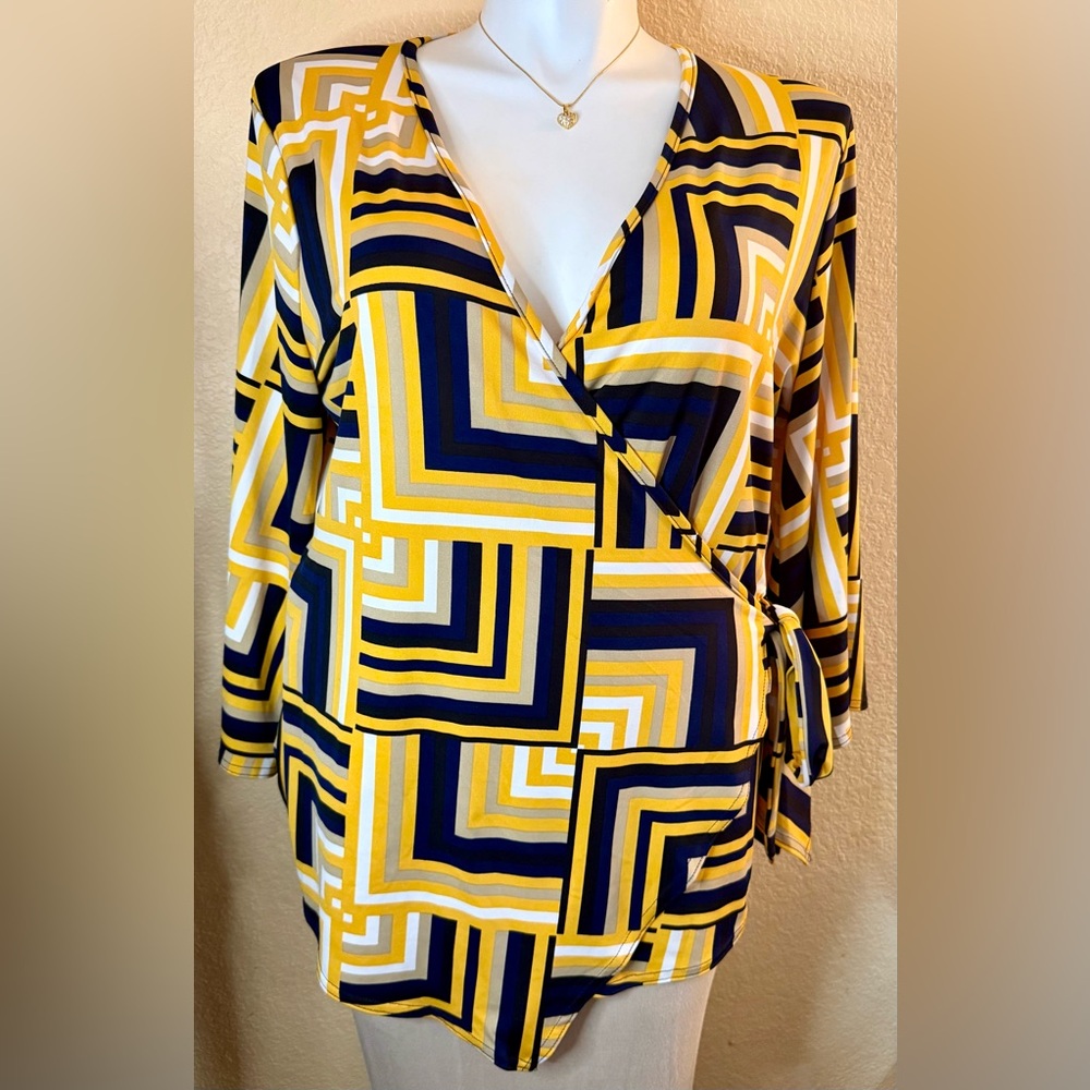 Ashley Stewart Yellow and Blue Patterned Wrap Blouse